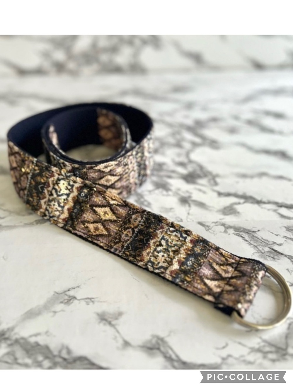 Belt Southwestern Aztec Print Fabric Gold Sequin Blue Brown M Concert Festival